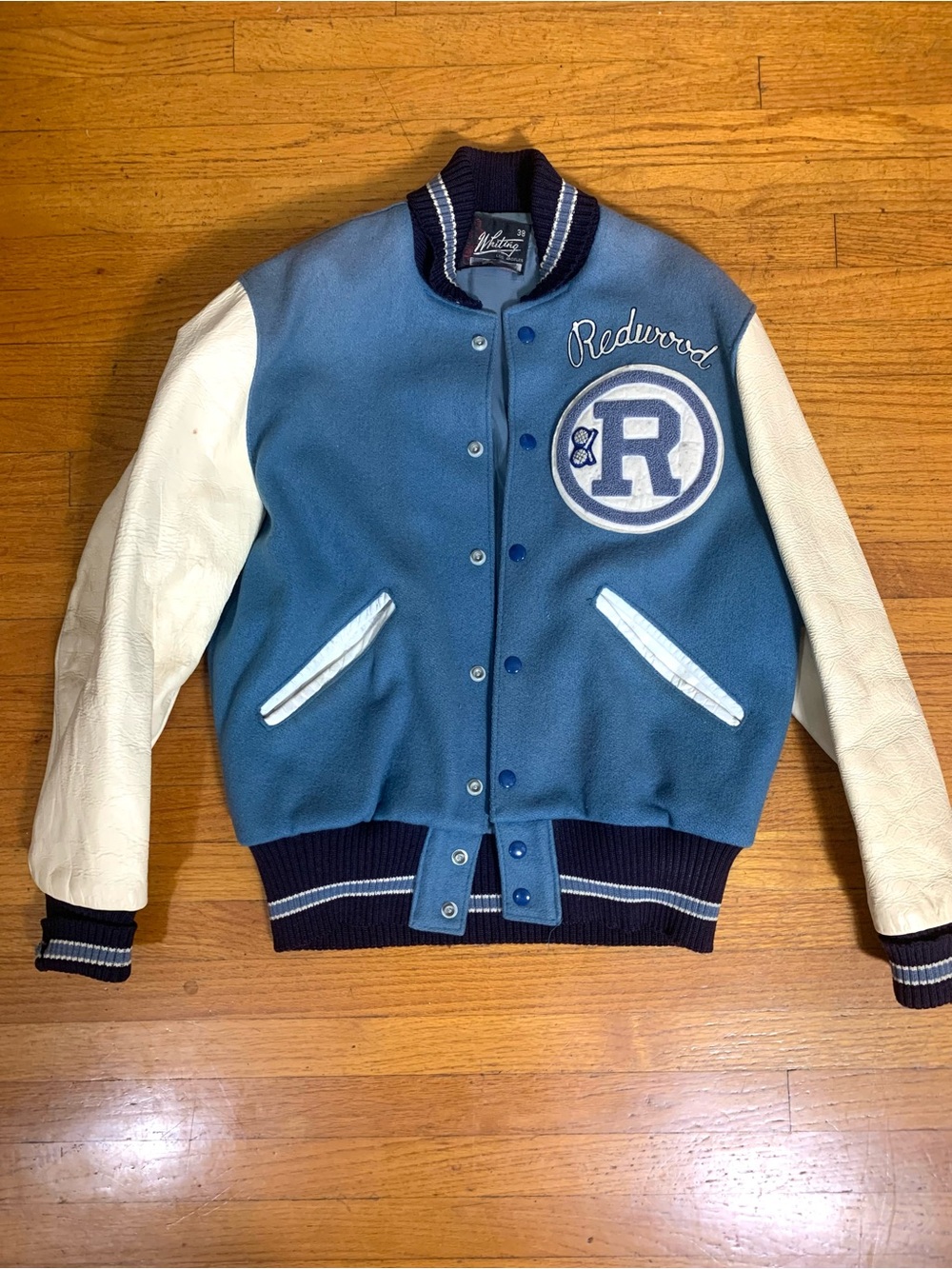 Vintage 70s Whiting Blue & White Varsity Letterman Jacket- Redwoods- 38